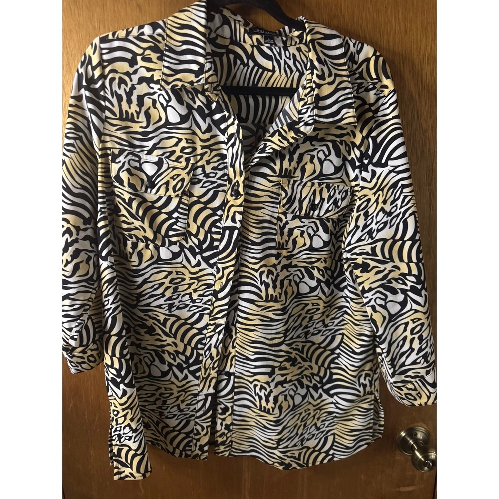 Notations Womens Gold Black Zebra Animal Print Button Up Blouse Top Large 3/4